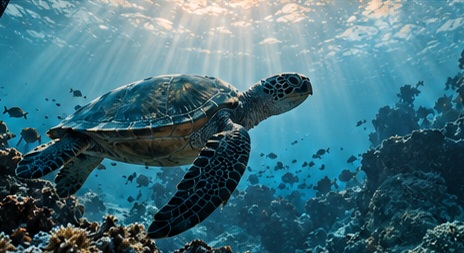 A sea turtle swimming above a reef in sunlight